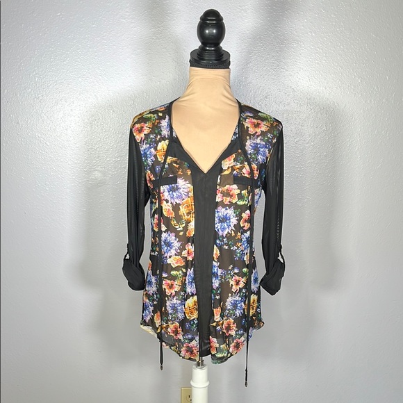 Knapp Studio Tops - Sheer Mesh floral print drawstring top sz S | whimsigoth feminine grunge Y2K